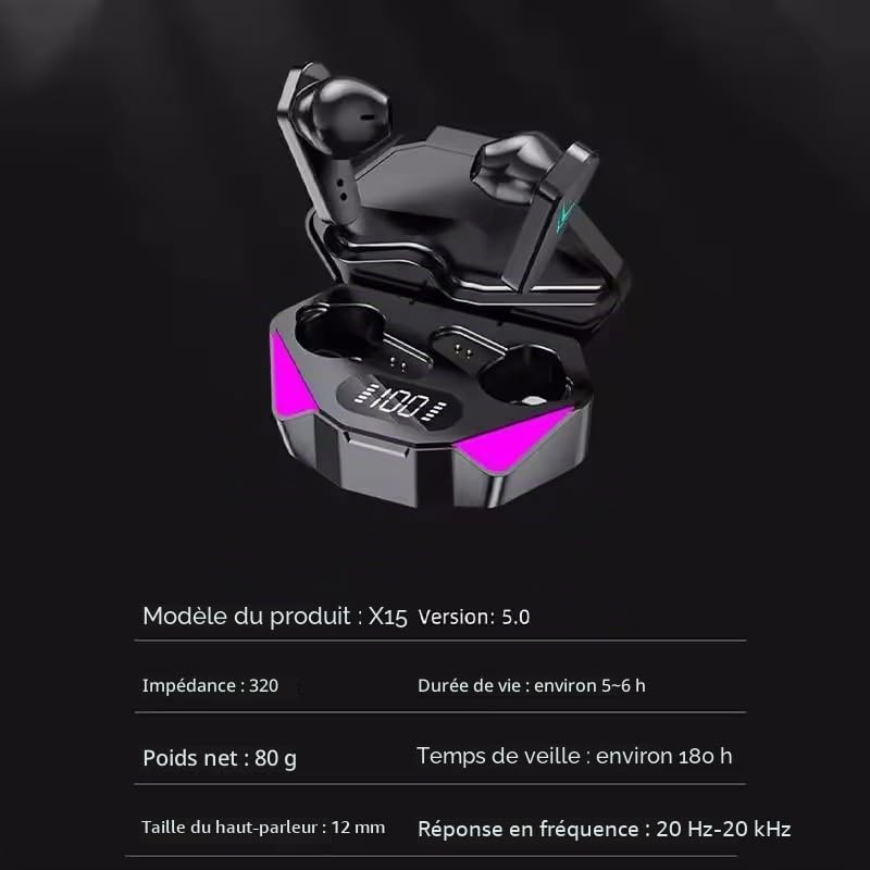 Écouteurs Gaming Sans Fil RGB   Faible Latence Bluetooth 5.3