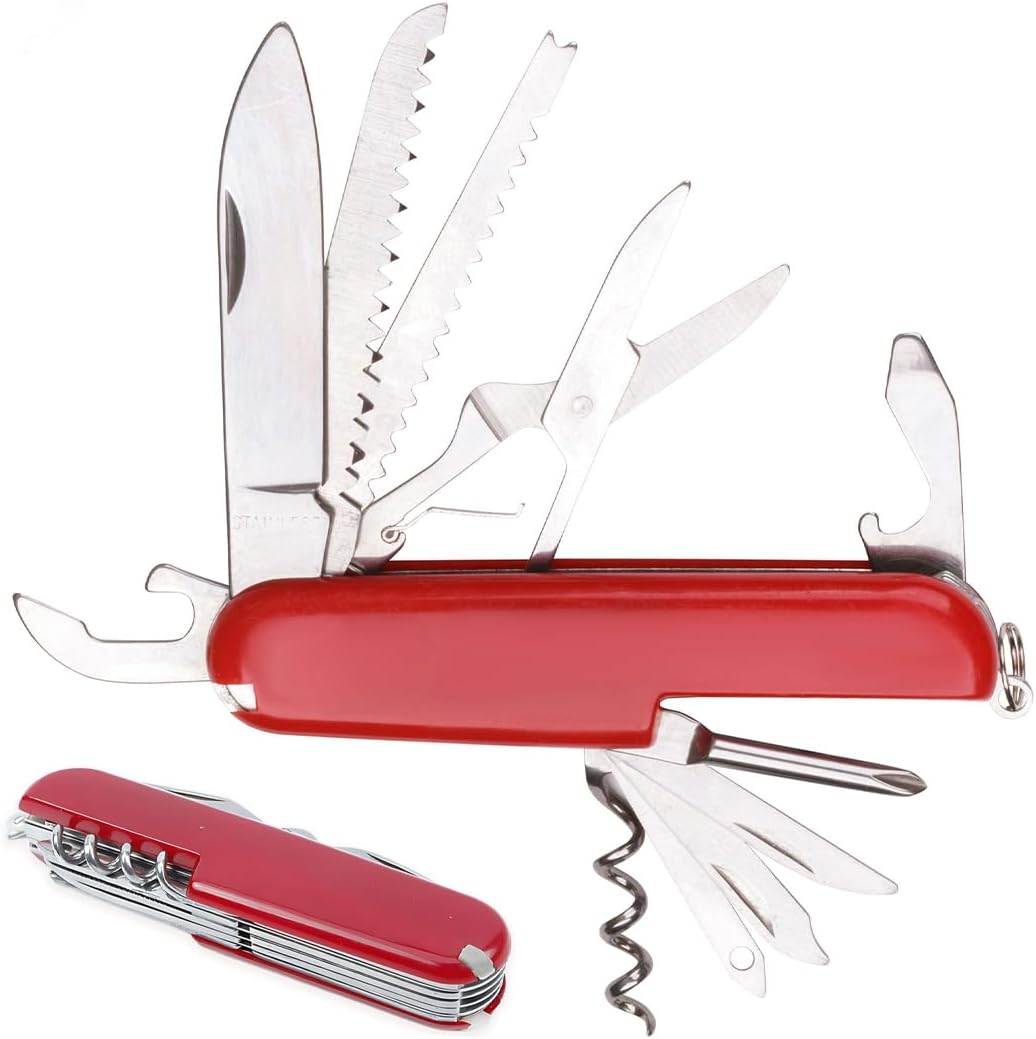 Couteau suisse multifonction 11 en 1 rouge avec tous les outils déployés