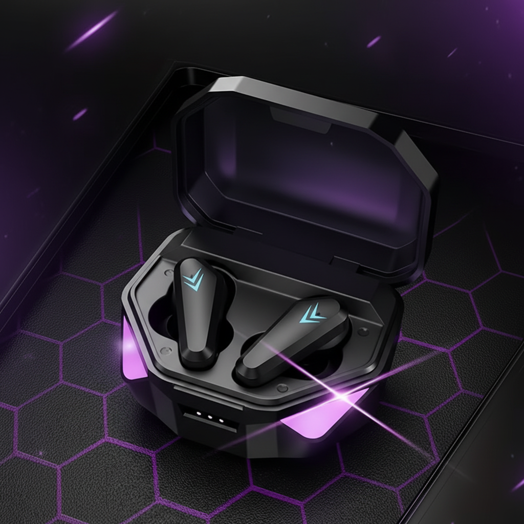 Boîtier de charge ouvert avec écouteurs gaming TWS